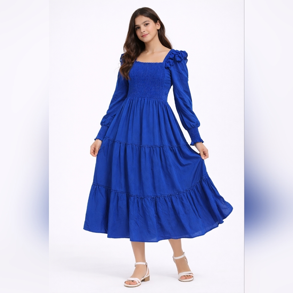 Simplee Blue Smocked Tiered Midi Dress Long Sleeve Size L